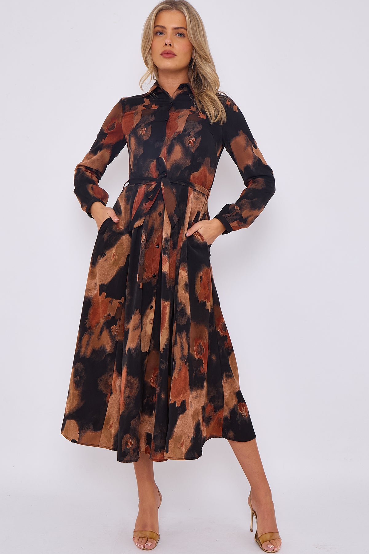 Brown Abstract Print Midaxi Shirt Dress