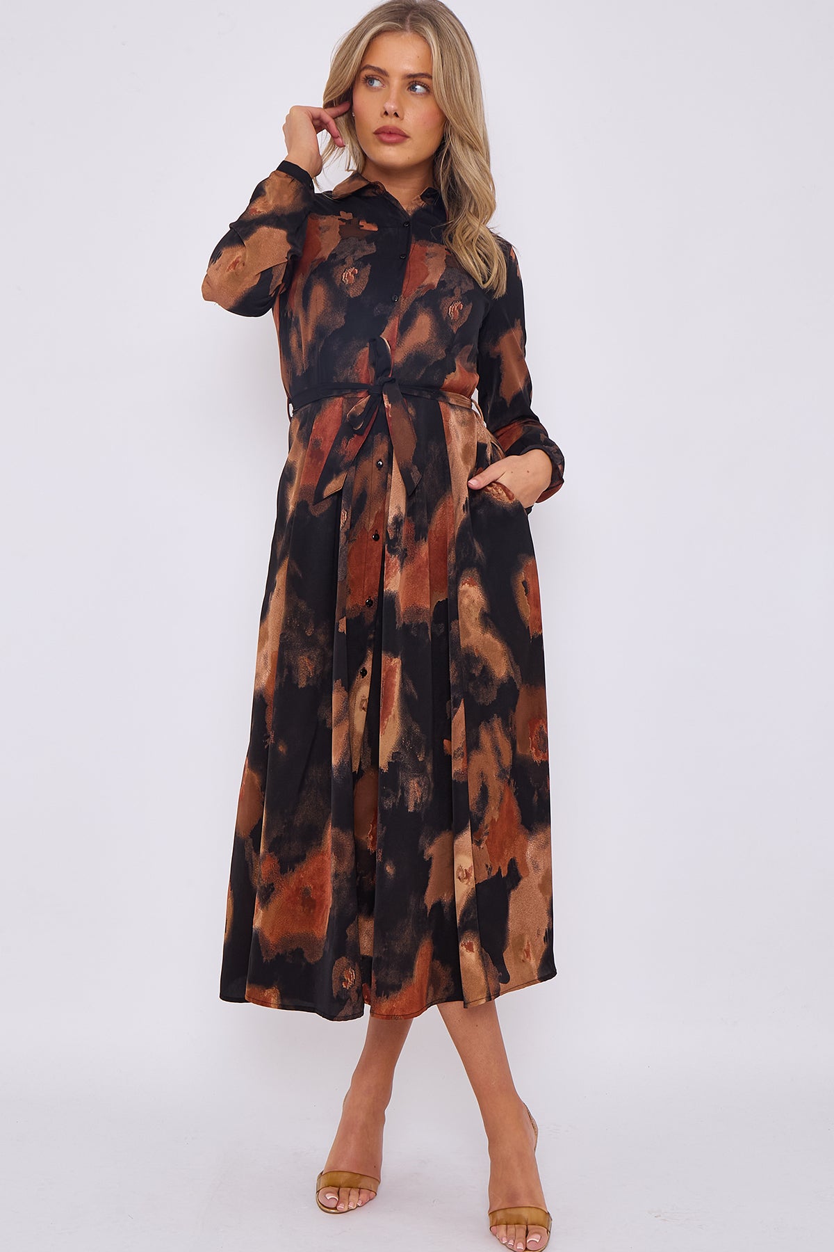 Brown Abstract Print Midaxi Shirt Dress