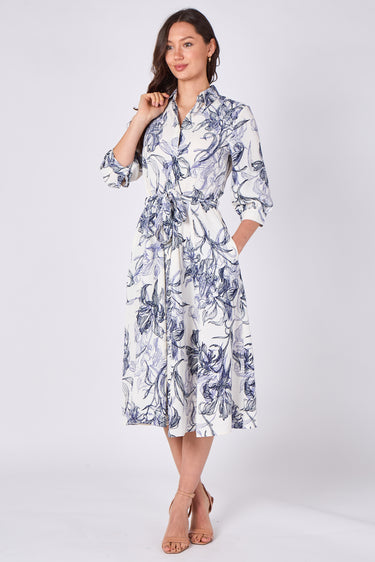 Navy Sketch Floral Half Sleeve Midi Shirt Dress