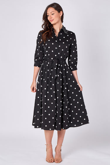 Black Polka Dot Half Sleeve Midi Shirt Dress