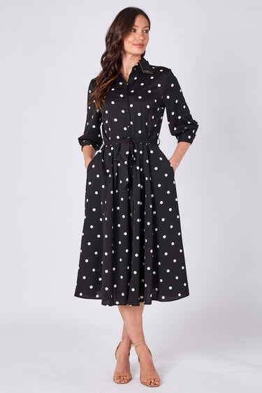 Black Polka Dot Half Sleeve Midi Shirt Dress