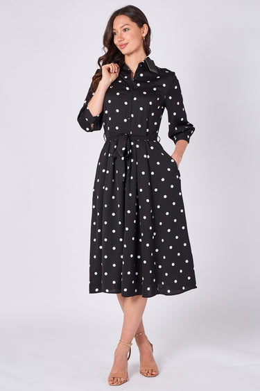 Black Polka Dot Half Sleeve Midi Shirt Dress