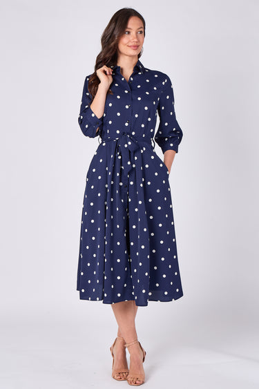 Navy Polka Dot Half Sleeve Midi Shirt Dress