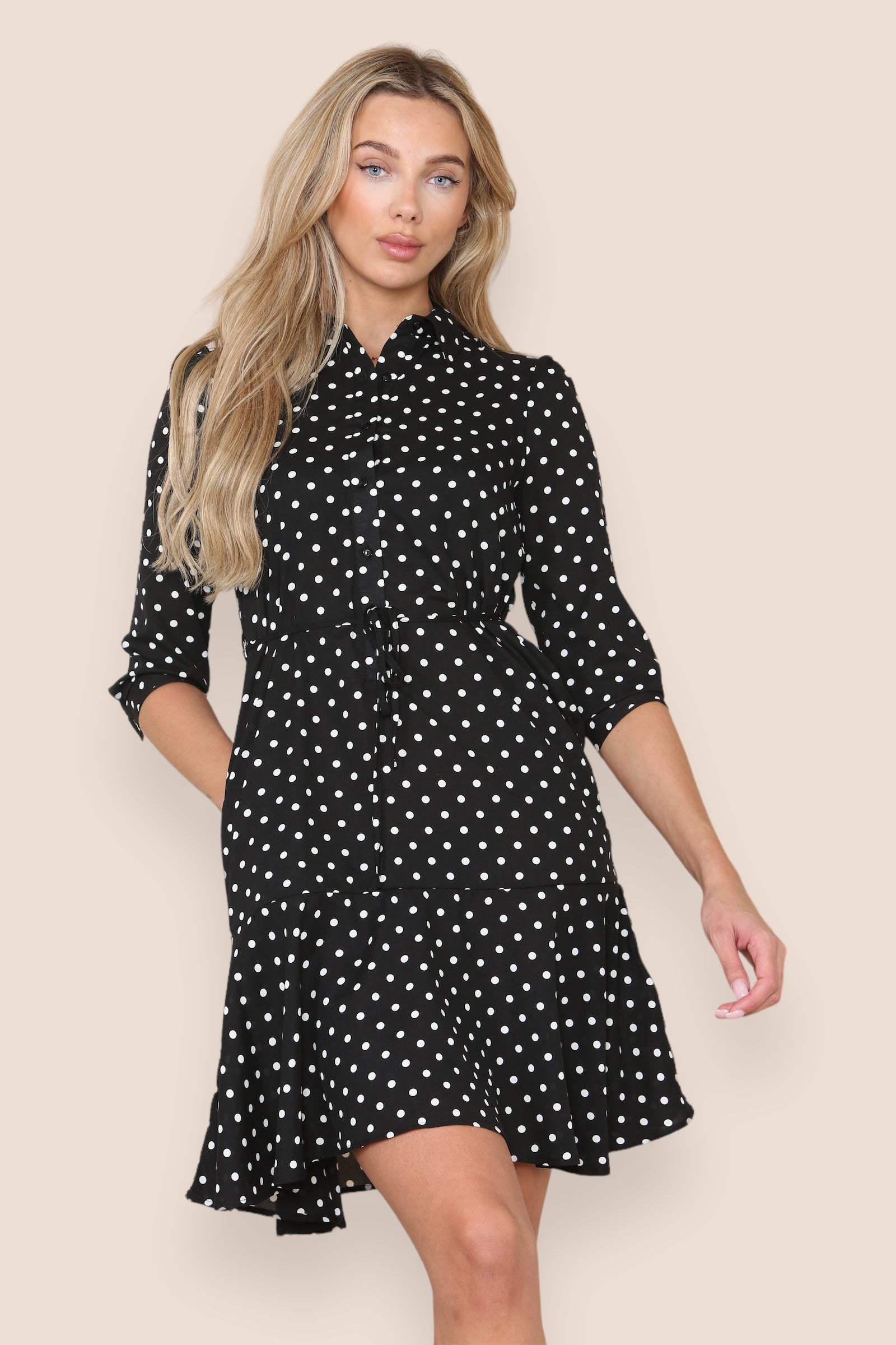 Love Sunshine Black Polka Dot Frilled Hem Mini Dress Brunch Dress Casual Dress Dress with Pockets Everyday Dress Garden Party Dress LS-2319 Summer Dress Tea Dress