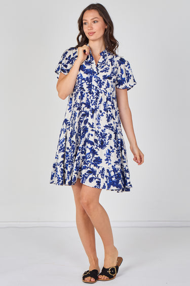 Blue Floral Print Tiered Mini Dress