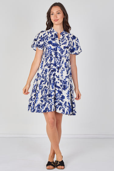 Blue Floral Print Tiered Mini Dress