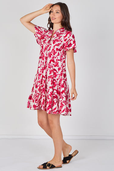 Fuchsia Floral Print Tiered Mini Dress