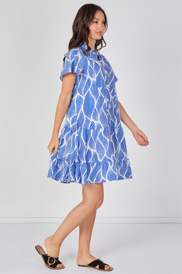 Blue Leaf Pattern Print Tiered Mini Dress