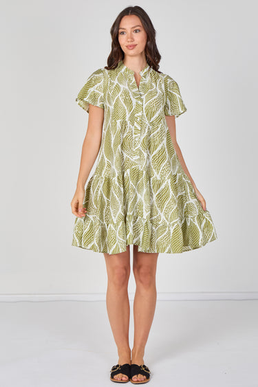 Sage Leaf Pattern Print Tiered Mini Dress