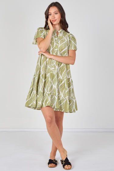 Sage Leaf Pattern Print Tiered Mini Dress