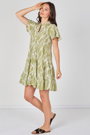 Sage Leaf Pattern Print Tiered Mini Dress