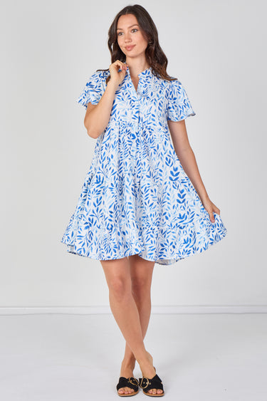 Sky Blue Leaf Print Tiered Mini Dress