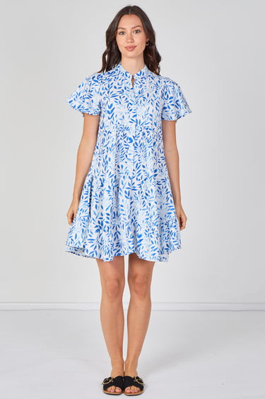 Sky Blue Leaf Print Tiered Mini Dress