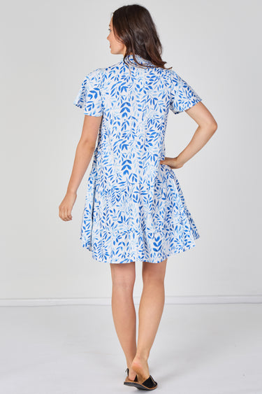 Sky Blue Leaf Print Tiered Mini Dress