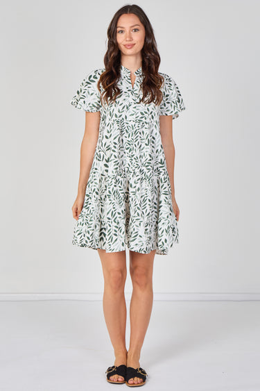 Sage Green Leaf Print Tiered Mini Dress