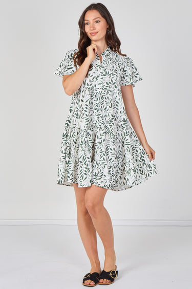 Sage Green Leaf Print Tiered Mini Dress