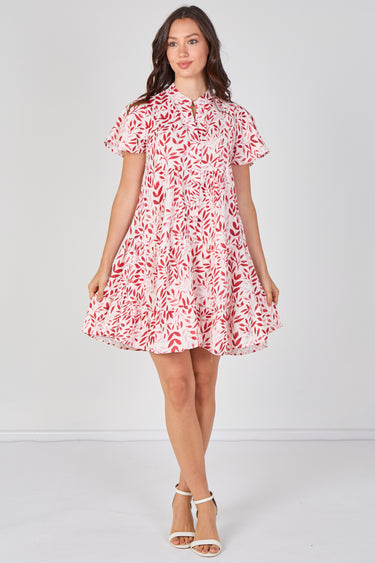 Coral Leaf Print Tiered Mini Dress