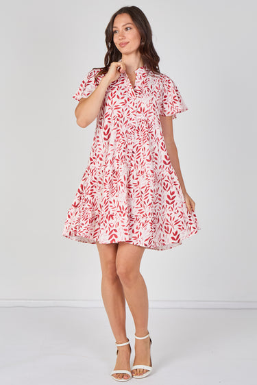 Coral Leaf Print Tiered Mini Dress