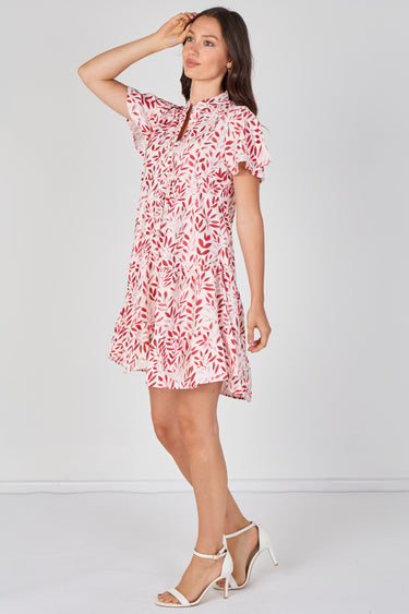 Coral Leaf Print Tiered Mini Dress