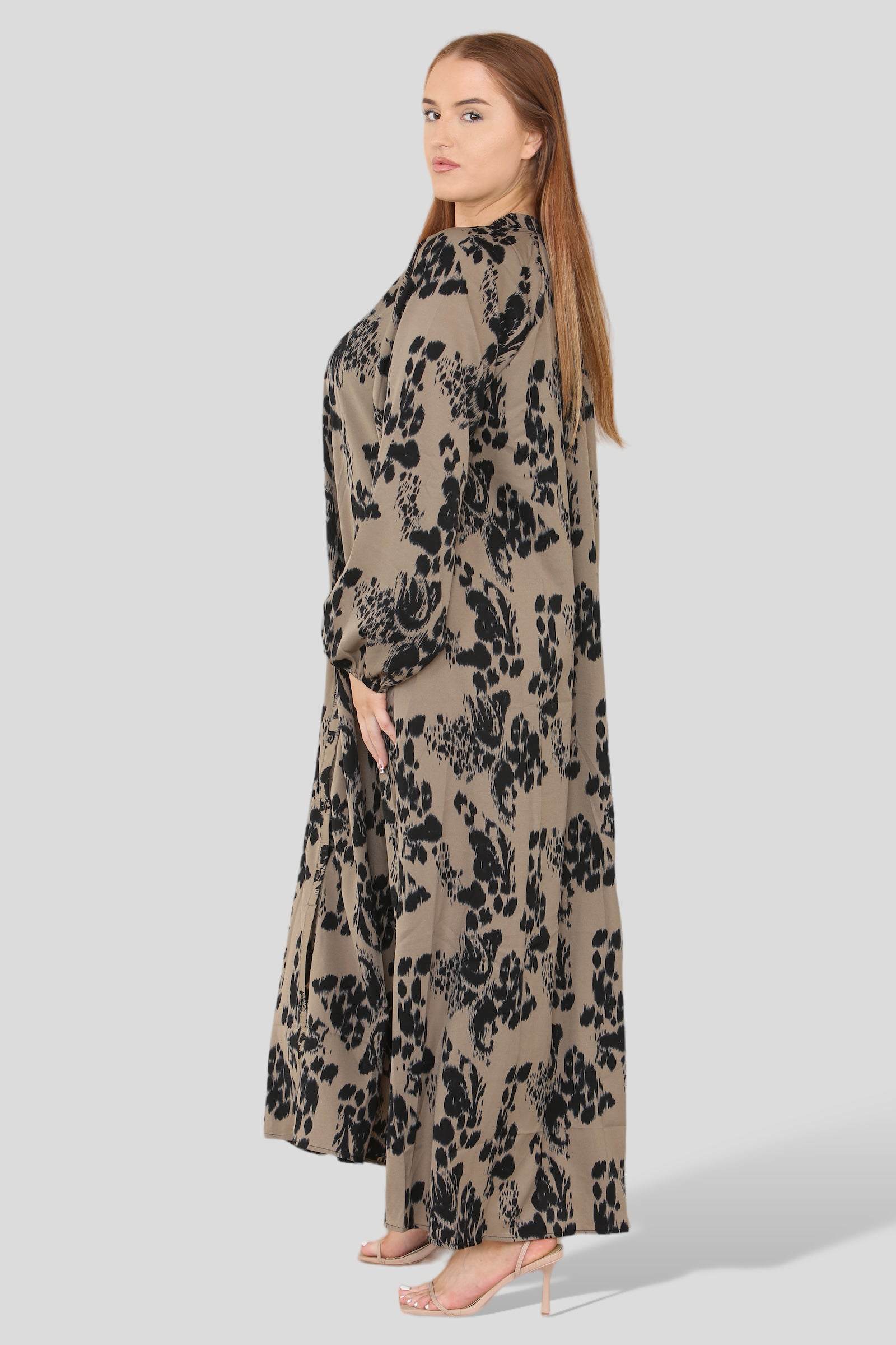 Love Sunshine Taupe Abstract Paisley Print Buttoned Curve Maxi Shirt Dress Curve LS-2341