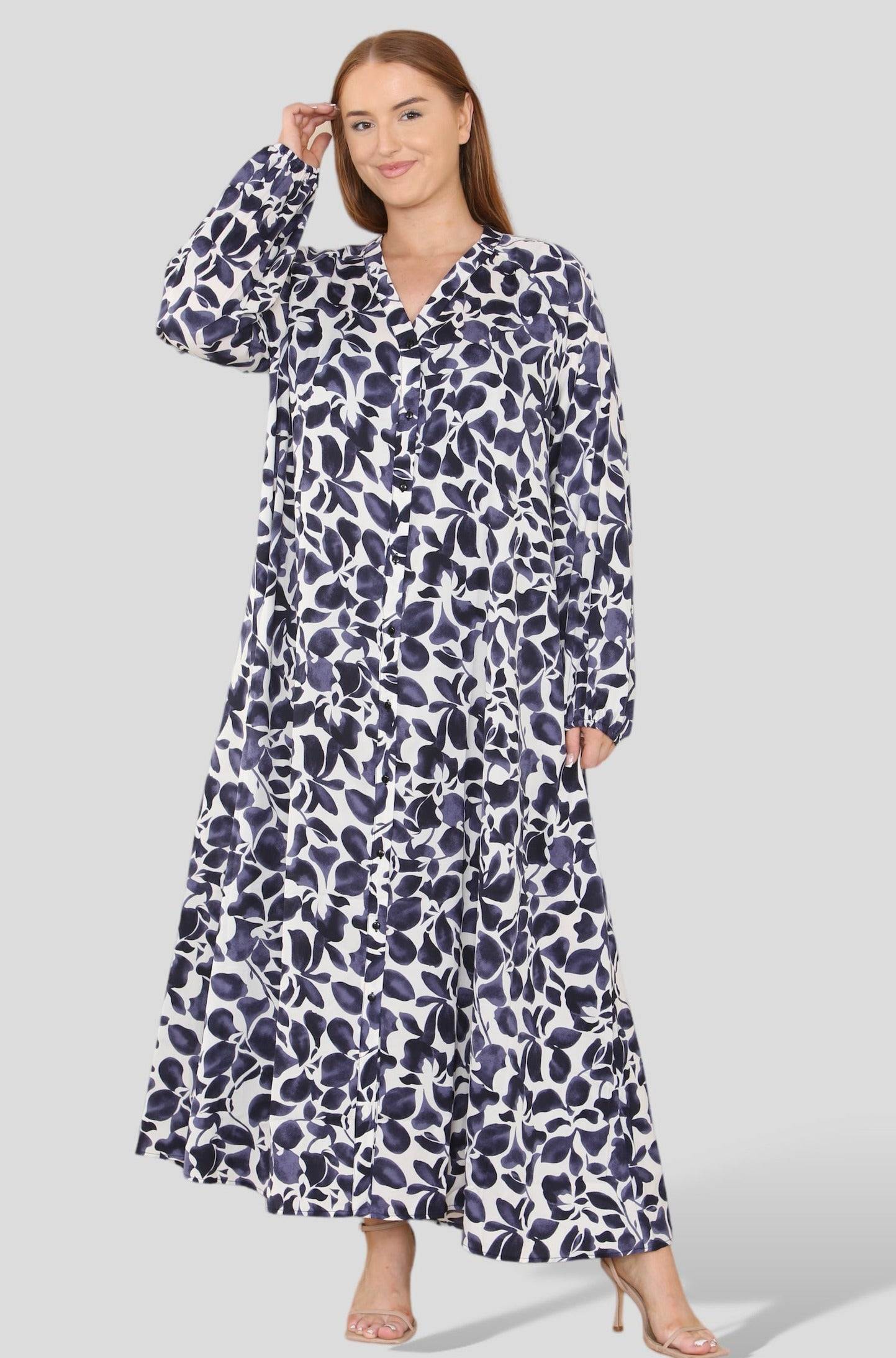 Love Sunshine Blue Floral Print Buttoned Curve Maxi Shirt Dress Curve LS-2341