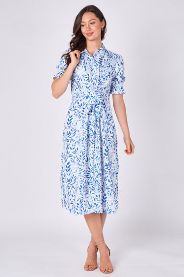 Blue Leaf Print Tie Waist Midi Dress