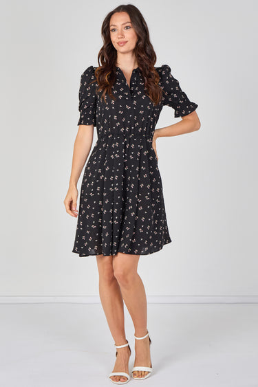 Black Ditsy Floral Tea Dress