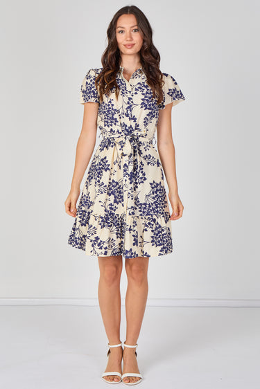 Cream and Navy Floral Print Short Sleeve Shirt Dress