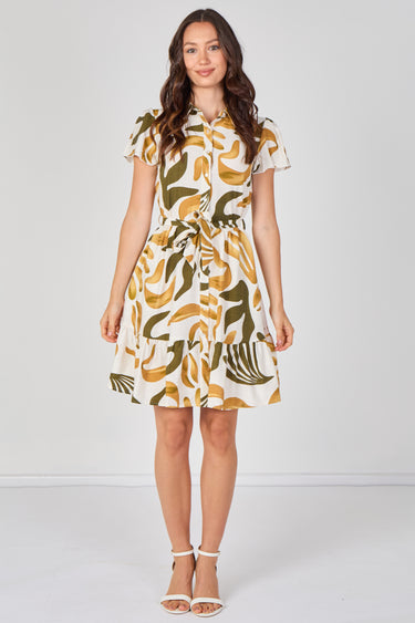 Mustard and Olive Abstract Print Short Sleeve Shirt Dress