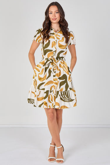 Mustard and Olive Abstract Print Short Sleeve Shirt Dress