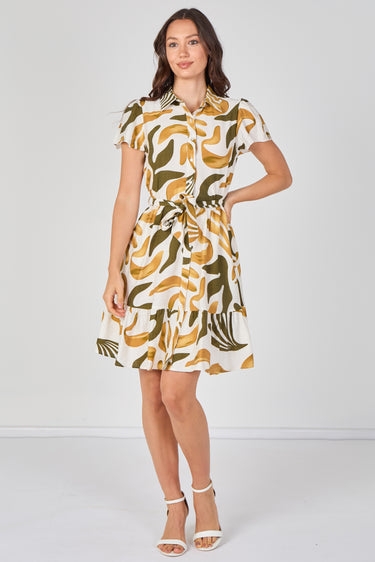 Mustard and Olive Abstract Print Short Sleeve Shirt Dress