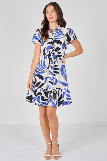 Blue and Navy Abstract Print Short Sleeve Shirt Dress