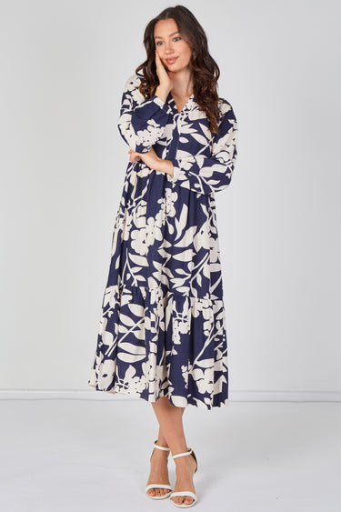 Navy Blossom Tiered Smock Midaxi Dress