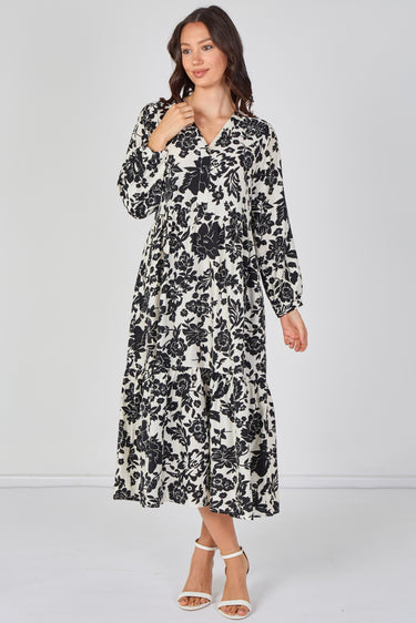 Monochrome Bloom Smock Midaxi Dress