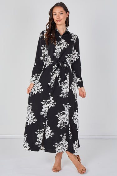Black and White Floral Belted Maxi Shirt Dress
