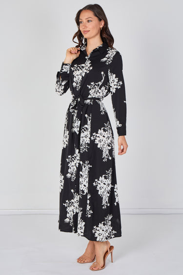 Black and White Floral Belted Maxi Shirt Dress
