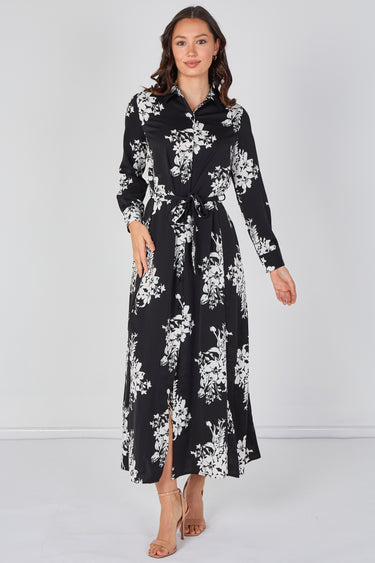 Black and White Floral Belted Maxi Shirt Dress