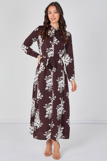 Chocolate and White Floral Belted Maxi Shirt Dress