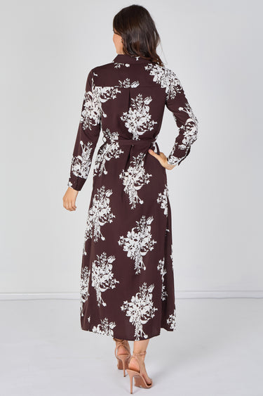 Chocolate and White Floral Belted Maxi Shirt Dress