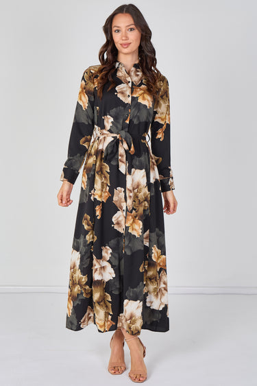 Black Iris Floral Belted Maxi Shirt Dress