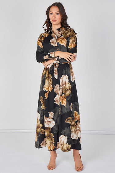 Black Iris Floral Belted Maxi Shirt Dress
