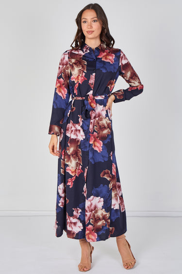 Navy Iris Floral Belted Maxi Shirt Dress