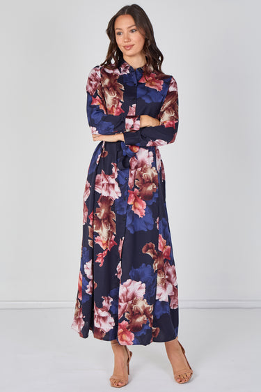 Navy Iris Floral Belted Maxi Shirt Dress