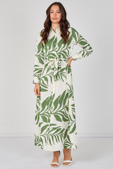 Green Palm Print Belted Maxi Shirt Dress