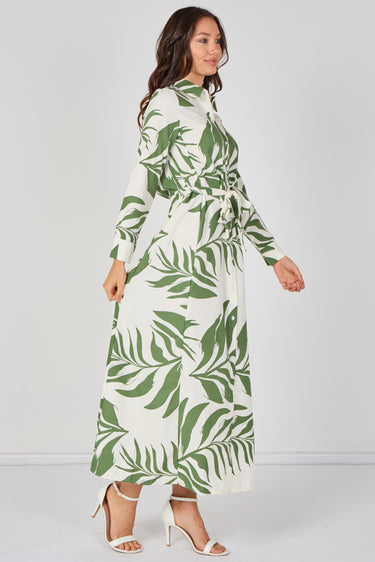 Green Palm Print Belted Maxi Shirt Dress