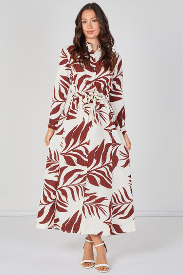 Rust Palm Print Belted Maxi Shirt Dress