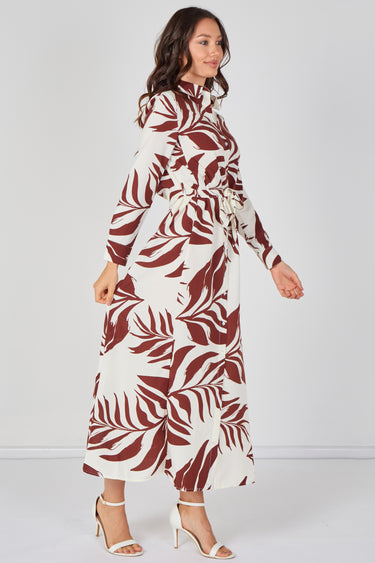Rust Palm Print Belted Maxi Shirt Dress