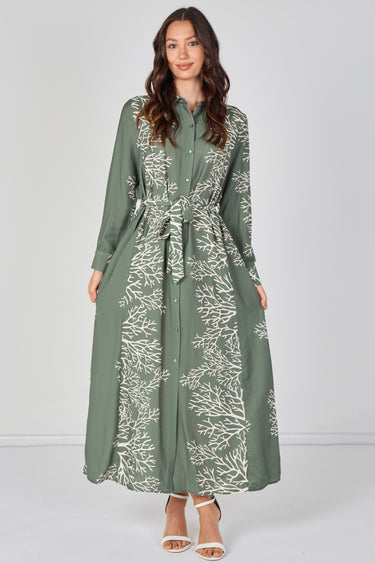 Sage Coral Print Belted Maxi Shirt Dress