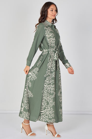 Sage Coral Print Belted Maxi Shirt Dress