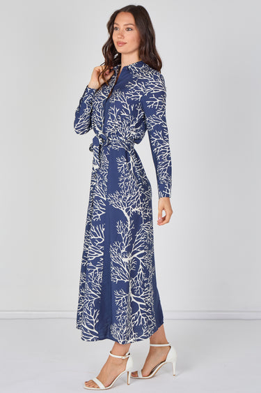 Navy Coral Print Belted Maxi Shirt Dress
